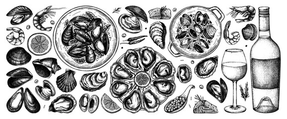 Seafood and wine illustrations collection in color. Hand-drawn shellfish - mussels, oyster, shrimps, caviar, and sketches. Perfect for recipe, menu, delivery, packaging. Mediterranean cuisine dishes. 