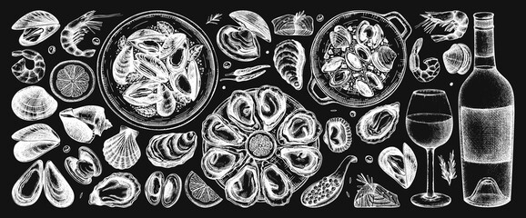 Seafood and wine illustrations collection on a chalkboard. Hand-drawn shellfish - mussels, oyster, shrimps, caviar, and sketches.  Mediterranean cuisine dishes. 