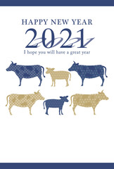 2021年丑年　牛シルエットの年賀状テンプレート（藍色）