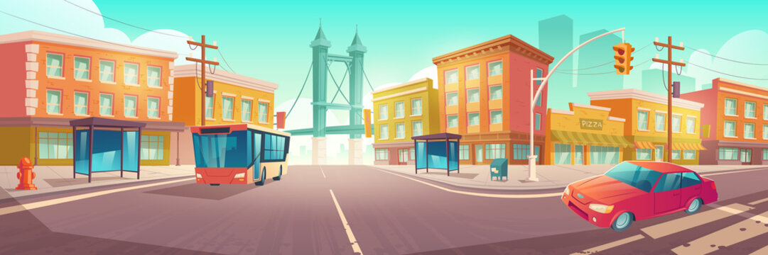 City crossroad with bus and car on transport intersection with zebra crossing, traffic lights and street lamps. Urban infrastructure, bridge and modern megapolis buildings, Cartoon vector illustration