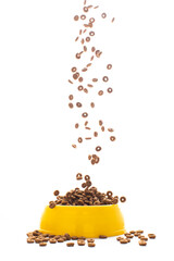 Dried dog food falls into the yellow plastic bowl on white background. grain pet food banner...