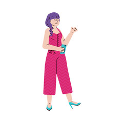 Fashionable young woman or girl cartoon character standing with mobile phone in hands vector illustration isolated on white background. Modern communication technology.