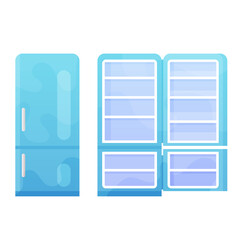 Open and closed blue refrigerator vector flat illustration