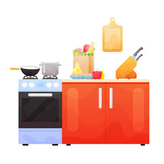 Interior of kitchen, pans on the stove, cooking. Vector illustration in flat style