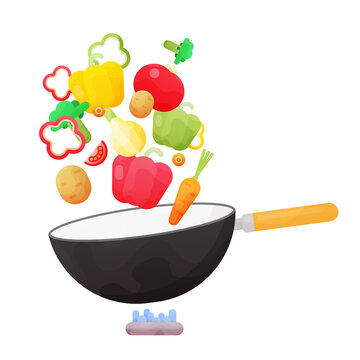 Stir fry. Cooking process vector illustration. Flipping Asian food in a pan.