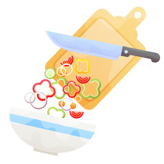 Preparing a fresh vegetable salad with a knife and chopping board and fresh chopped vegetables falling into a bowl