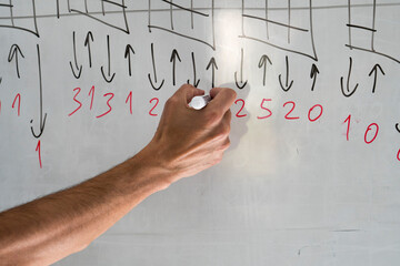 Adult hobby course,writing music notes with red pencil on whiteboard, closeup
