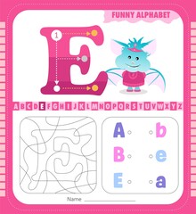 Letter E and funny cartoon bat. Alphabet a-z. Coloring page. Printable worksheet.