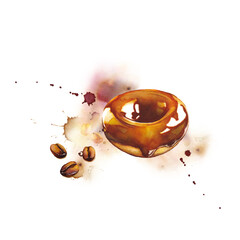 Fototapeta premium Watercolor painted donut and coffee beans