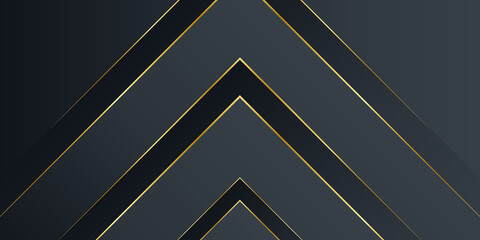 Vector luxury gold black tech background. Stack of black paper material layer with gold stripe. Arrow shape premium wallpaper