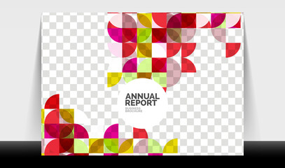 Horizontal A4 business flyer annual report template, circles and triangle style shapes modern geometric design for brochure layout, magazine or booklet