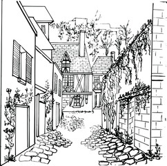 French architecture.A small cozy street of the old French city of Chinon. Vector drawing in the style of the sketch. For illustration in a history and art book, coloring book for children and adults.
