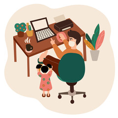 The business wearing face mask and works with his laptop. Concept work from home with kid. Quarantine, lockdown, coronavirus outbreak, social distancing, stay at home. Vector illustration style.