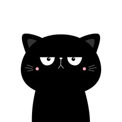 Black cat kitten kitty silhouette icon. Cute kawaii cartoon sad character. Pink cheeks. Happy Valentines Day. Baby greeting card tshirt notebook cover print. White background. Flat design.