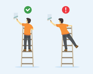 Ladder safety rules. Man painting wall with paint roller on a ladder. Back view. Flat vector illustration. © flatvectors
