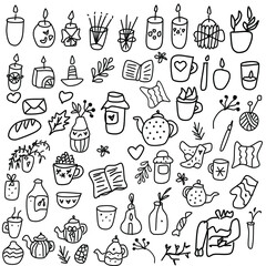 Collection of elements in the style of hygge for design. Candles, teapots, socks, mittens, sweaters, coffee, home plants, jam jars. Set of cozy house.Antistress coloring book for children and adults.