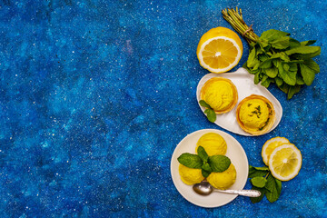 Obraz na płótnie Canvas Lemon ice cream with mint. Refreshing summer dessert, ripe fruit, fragrant leaves