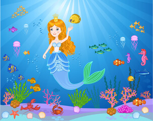 Obraz na płótnie Canvas Little cute mermaid with fishes and seashells
