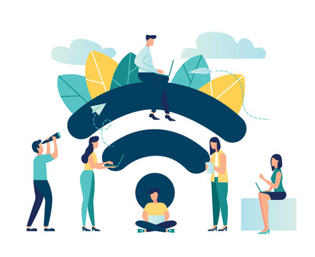 Vector illustration, public free wireless connection wireless point Wi-Fi, For mobile user interface, the transmission of digital data streams over radio channels