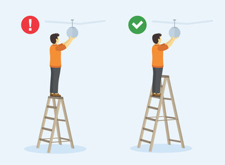 Ladder safety rules. Man standing on the top step of the ladder. Perspective view. Flat vector illustration.