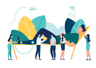 Vector illustration, hospitalization of a patient, a sick person lies in a medical cot, doctors treat a patient, a routine examination, medical examination