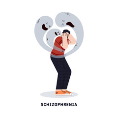Schizophrenia mental disorder symbol a man character suffering from psychological frustration, cartoon flat vector illustration isolated on white background.