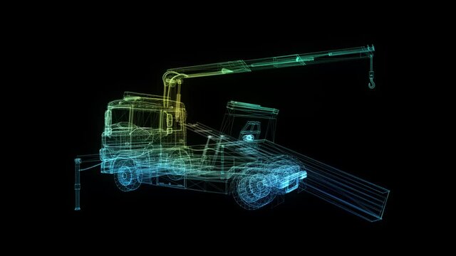 Tow car. Glow points and line formation of tow truck. 4k animation. Breakdown crane with with a platform for transporting cars. Digital technology visualization of 3d.