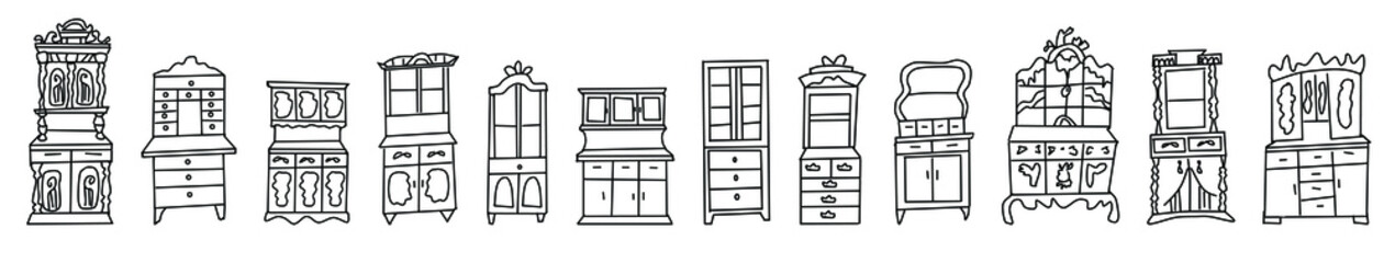 Set of antique cabinets drawn in sketch style.Collection of antique wardrobes isolated on a white background.Furniture and decorative elements for Doodle-style interiors.Hand drawn vector illustration