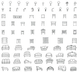 Set of modern and antique chests of drawers, tables, sofas, couches, lamps  is made in the style of a sketch. Doodles isolated on a white background. Vector drawn collection of furniture.