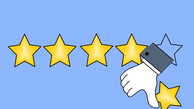 rating marked by stars. hand with a finger up and down. rating rise and fall.