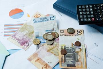 piggy bank and coins with copy space in a financial, savings, investment, costs and planning concept