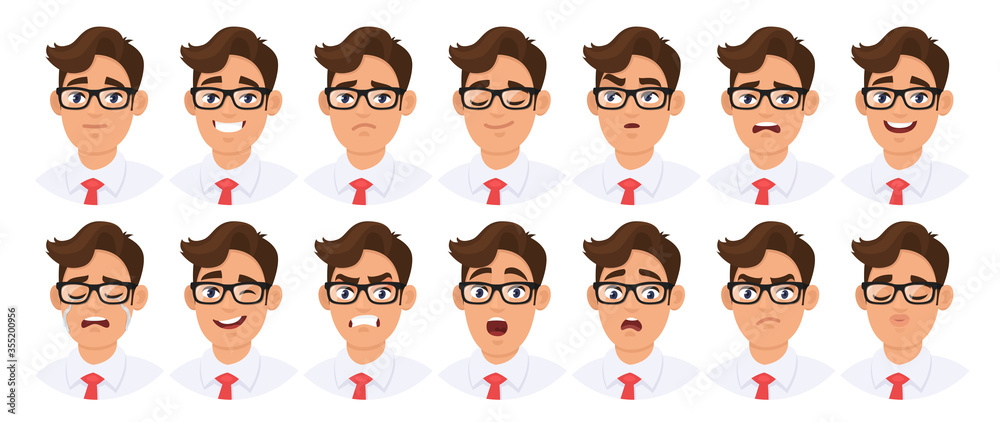 Wall mural set of male character's different facial expression. collection of young man's various emotions or e