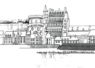 Architecture Of France. . Vector drawing in the style of the sketch. For illustration in a history and art book, a coloring page for children and adults.