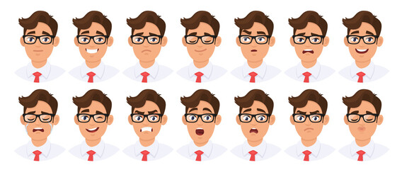 Set of male character's different facial expression. Collection of young man's various emotions or emoji. Collage of human emotional feelings or mood. Cartoon style vector illustration.