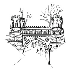 Architecture Of Russia. Moscow neo-Gothic. Tsaritsyno Palace and Park ensemble. Vector drawing in sketch style isolated on a white background. For art history books, coloring pages for children.Hand d