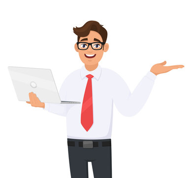 Happy young business man holding new brand laptop and presenting hand gesture to copy space. Person using latest computer and pointing to side. Male introducing something. Vector cartoon illustration.