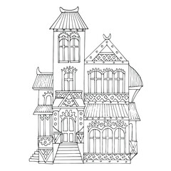 Vector illustration of a steampunk house. Victorian-style. Fantastic architecture. Coloring pages for children and adults. Isolated on a white background.