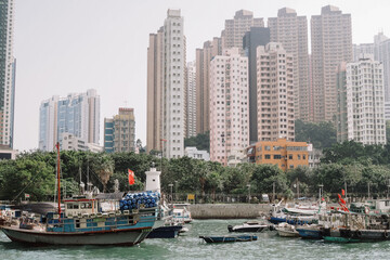 Fototapeta na wymiar Day View Of The Harbor In Aberdeen Bay. Aberdeen. Hong Kong.