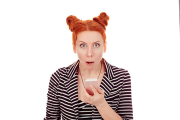 shocked woman looking at cellphone stunned