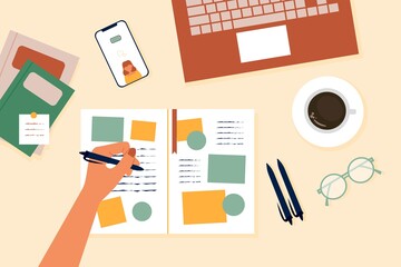 Left hander writer writing notebook on working day. Work frome home. Vector illustration