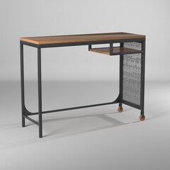 Mesa Fjallbo Ikea de madera y hierro negro sobre fondo blanco