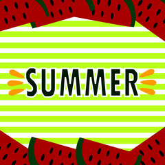 Watermelon slice with text Summer.(Texture,Season vocation, weekend, holiday logo. Summer Time,Summer vector Lettering text. )