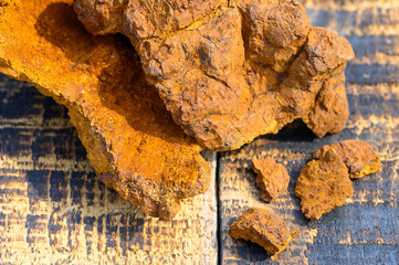 peeled wild birch chaga mushroom for brewing natural fungus tea on a wooden surface