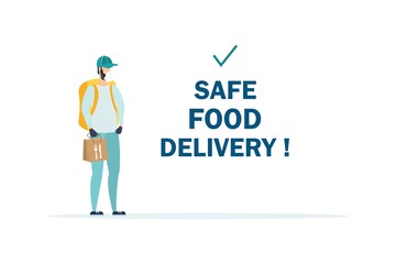 Safe food delivery. isolation due to the COVID-2019 coronavirus. The courier leaves the parcel at the door