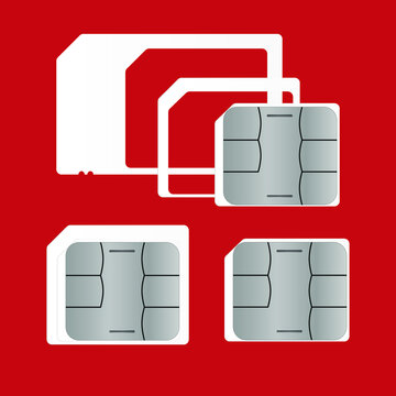 SIM cards of different sizes, set on a red background