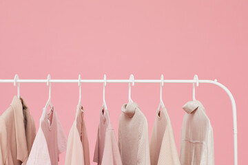 Close-up of dresses and shirts hanging on the rack isolated on pink background