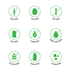 Organic food and drink stickers. Natural products green labels. Product free allergen line icons. Food intolerance. Food dietary. Healthy eating. GMO free emblems. Vegan, bio. Vector illustration