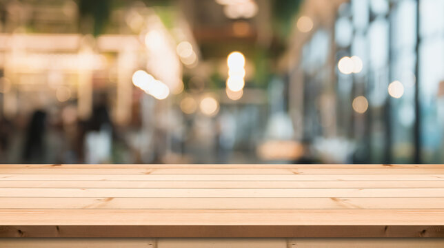 Empty wooden table top with lights bokeh on blur restaurant background