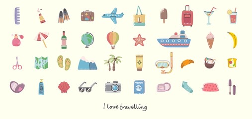 Big set of travel and summer holiday related objects and icons. For use on poster, banner, card and pattern collages. Modern vector flat style illustration