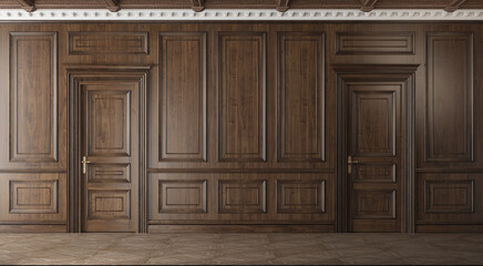 Classic luxury empty room with wooden boiserie on the wall. Walnut wood panels, premium style. 3d illustration
